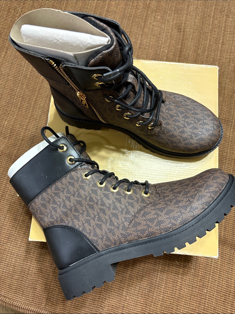 Michael Kors Brown Monogram Lace-Up Combat Boots with Gold-Tone Hardware